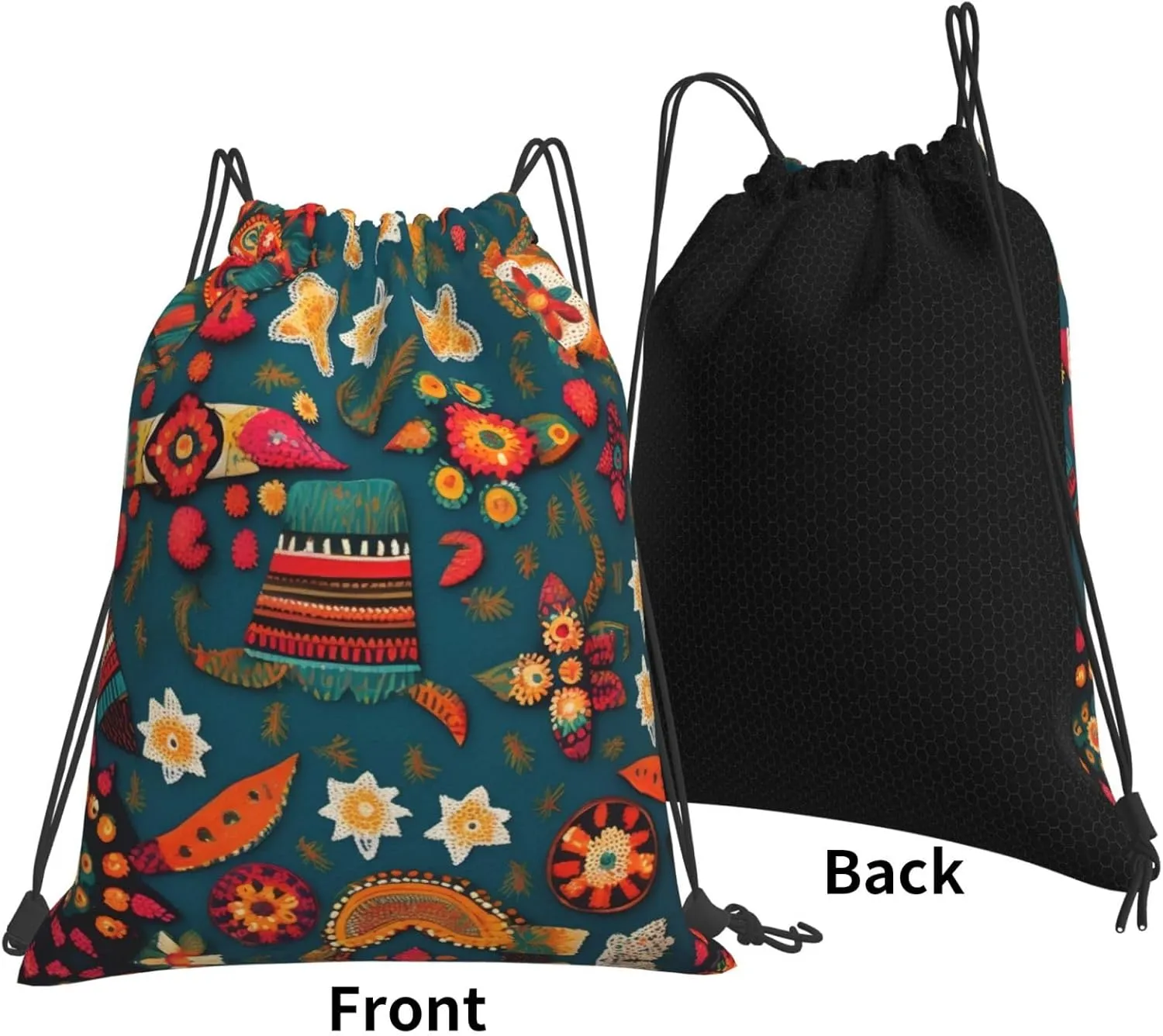 Mexican Folk Boho Print Sports Drawstring Backpack,Water Resistant Bag, Gym Backpack for Women Men