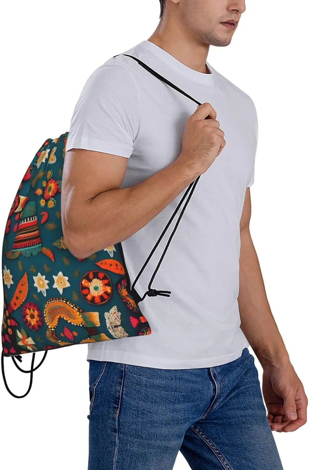 Mexican Folk Boho Print Sports Drawstring Backpack,Water Resistant Bag, Gym Backpack for Women Men