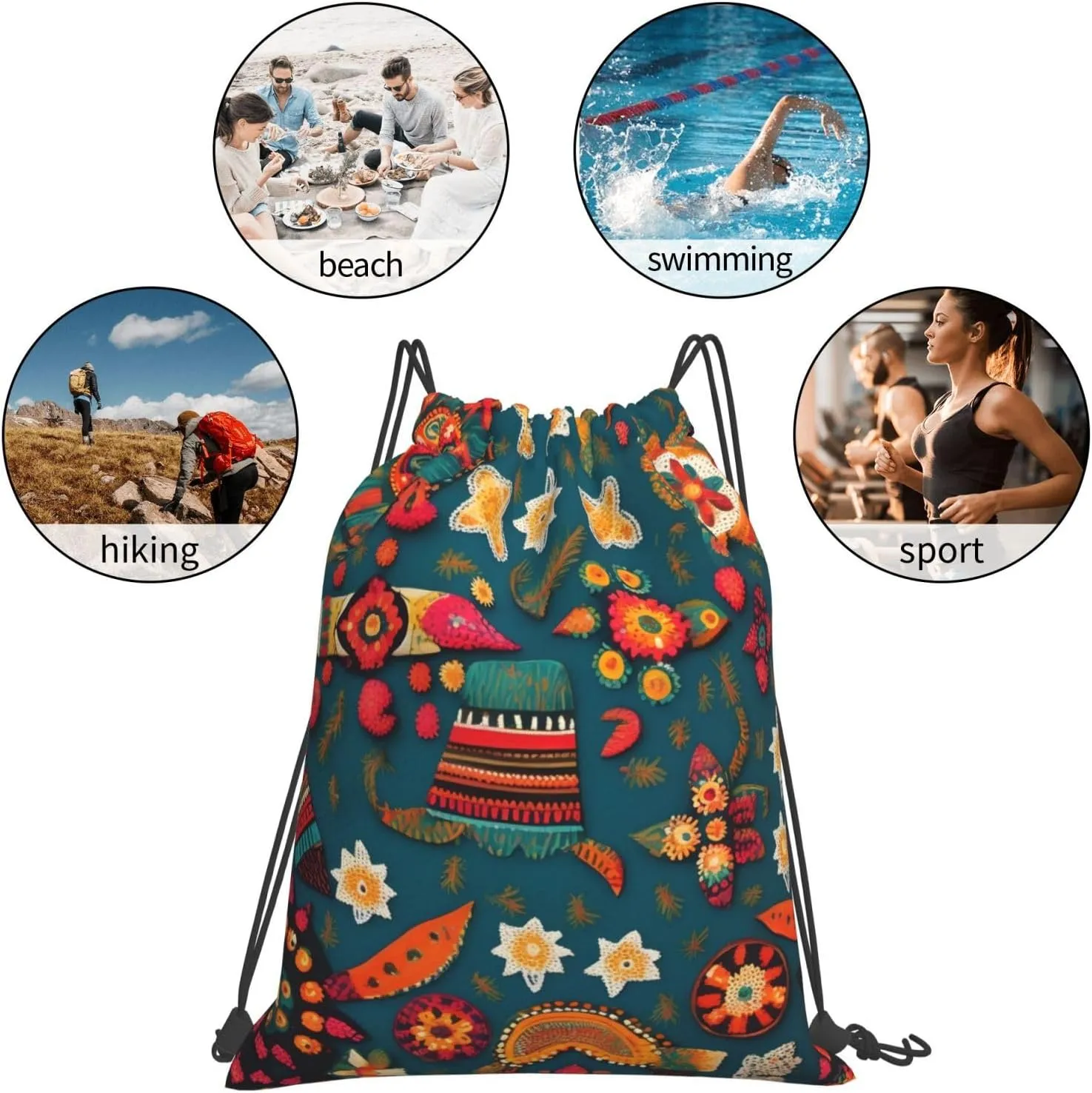 Mexican Folk Boho Print Sports Drawstring Backpack,Water Resistant Bag, Gym Backpack for Women Men