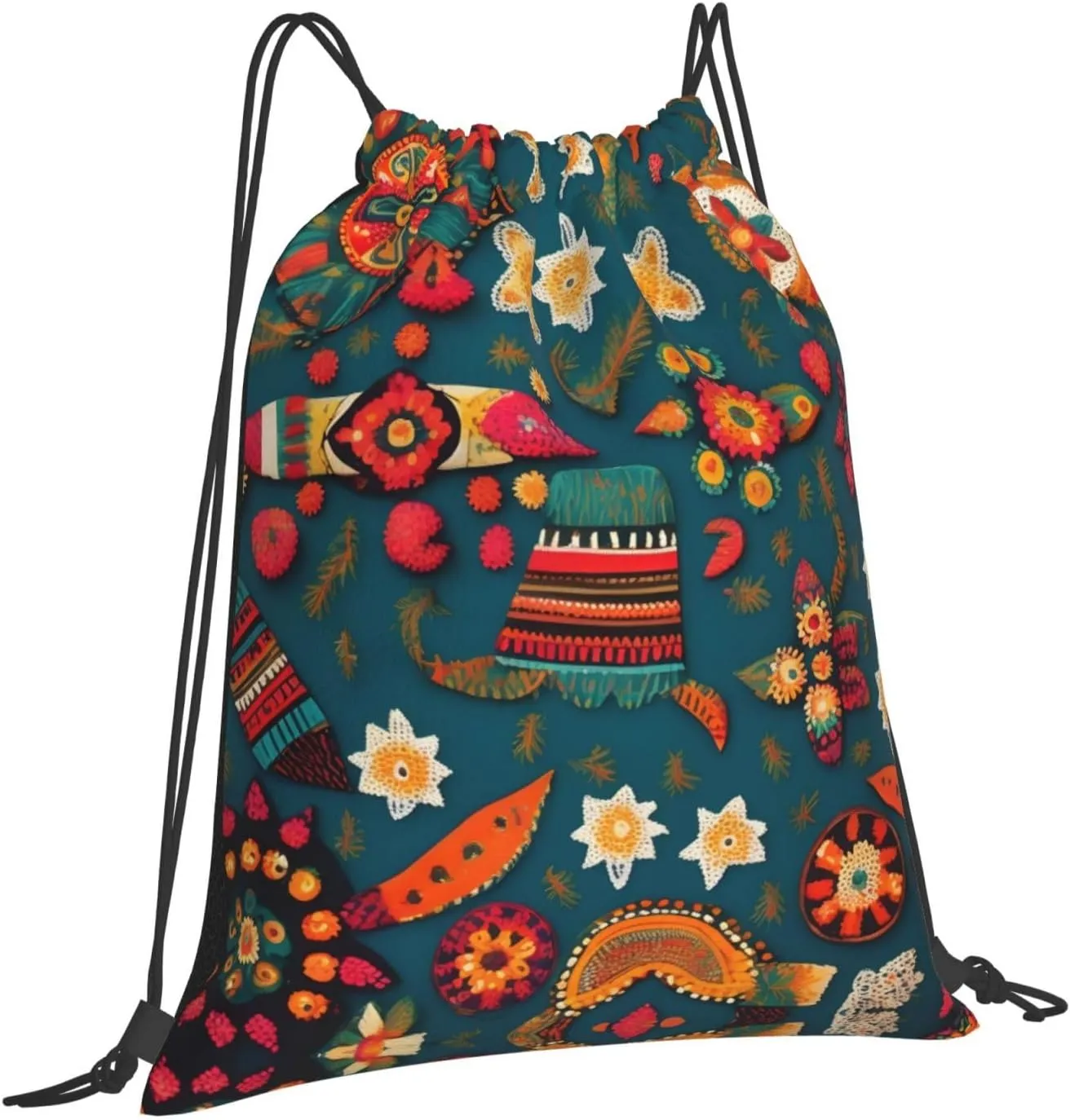 Mexican Folk Boho Print Sports Drawstring Backpack,Water Resistant Bag, Gym Backpack for Women Men