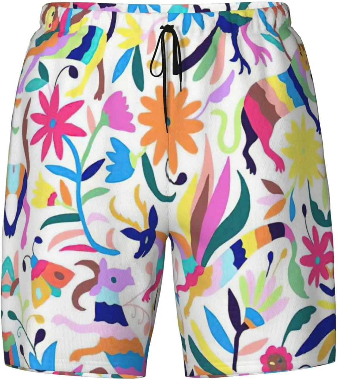 Mexican Otomi Animals Print Men's Double Layer Swim Shorts, Gym Workout Shorts with Pocket