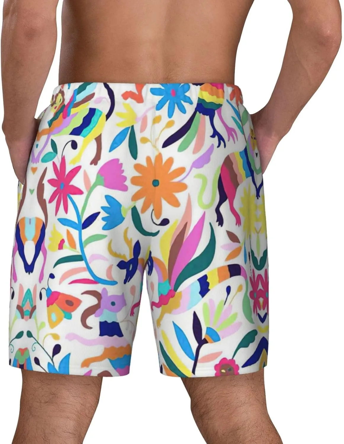 Mexican Otomi Animals Print Men's Double Layer Swim Shorts, Gym Workout Shorts with Pocket