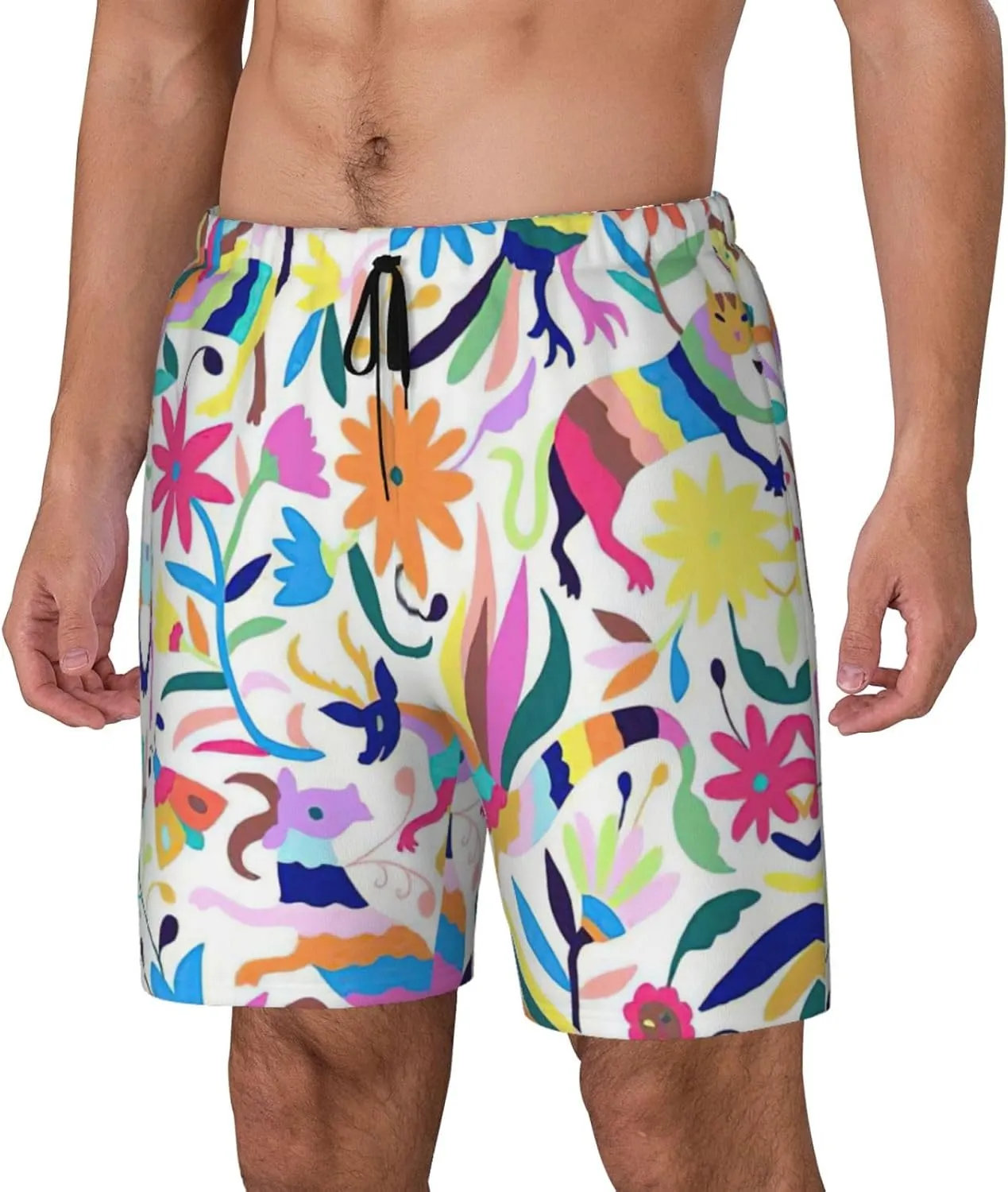 Mexican Otomi Animals Print Men's Double Layer Swim Shorts, Gym Workout Shorts with Pocket
