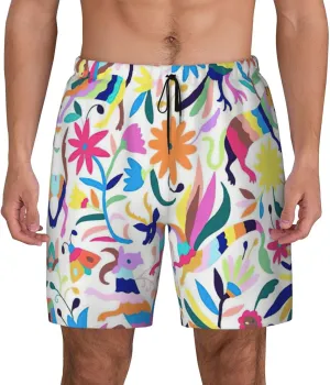 Mexican Otomi Animals Print Men's Double Layer Swim Shorts, Gym Workout Shorts with Pocket