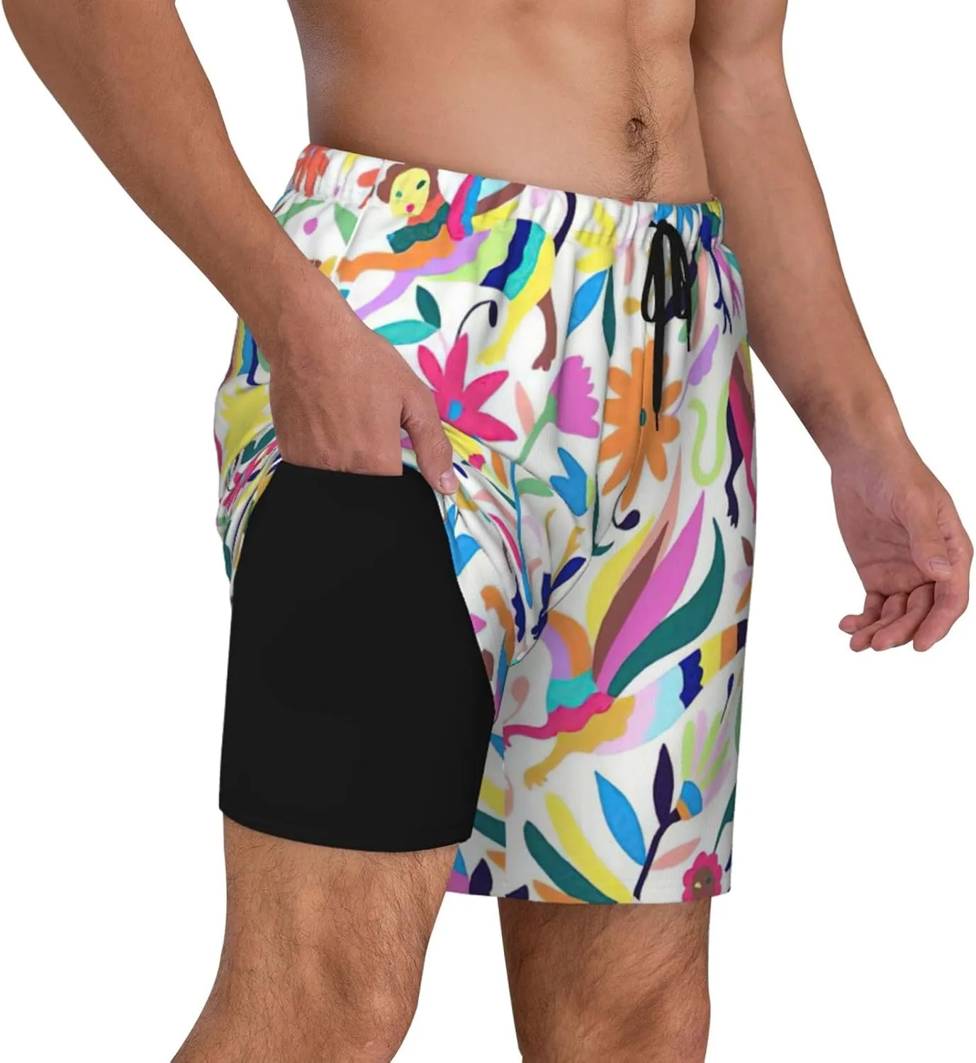 Mexican Otomi Animals Print Men's Double Layer Swim Shorts, Gym Workout Shorts with Pocket