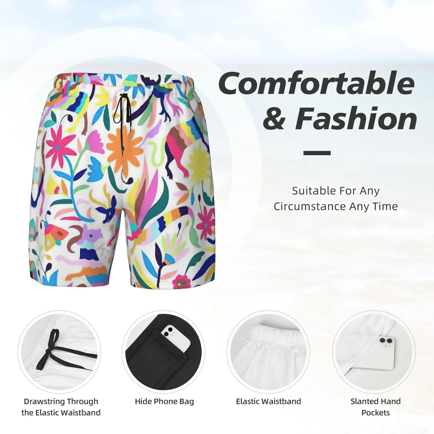 Mexican Otomi Animals Print Men's Double Layer Swim Shorts, Gym Workout Shorts with Pocket