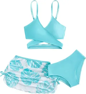 Milumia Girl's 3 Pieces Bikini Set Tropical Print Criss Cross Wrap Bathing Suit with Beach Skirt