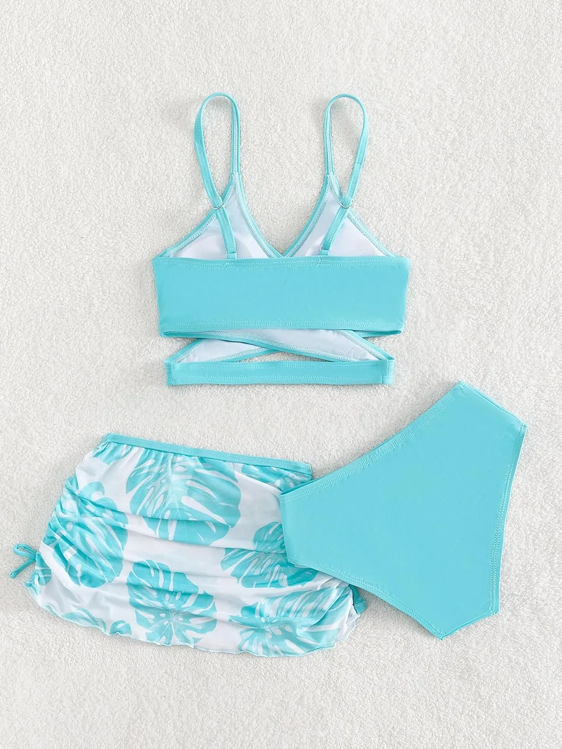 Milumia Girl's 3 Pieces Bikini Set Tropical Print Criss Cross Wrap Bathing Suit with Beach Skirt
