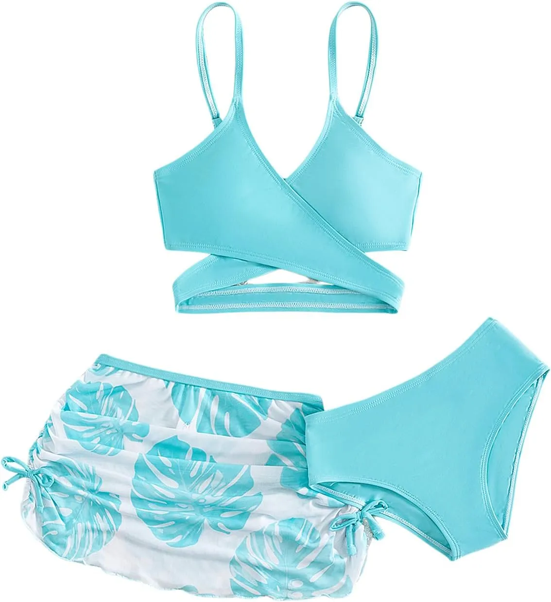 Milumia Girl's 3 Pieces Bikini Set Tropical Print Criss Cross Wrap Bathing Suit with Beach Skirt