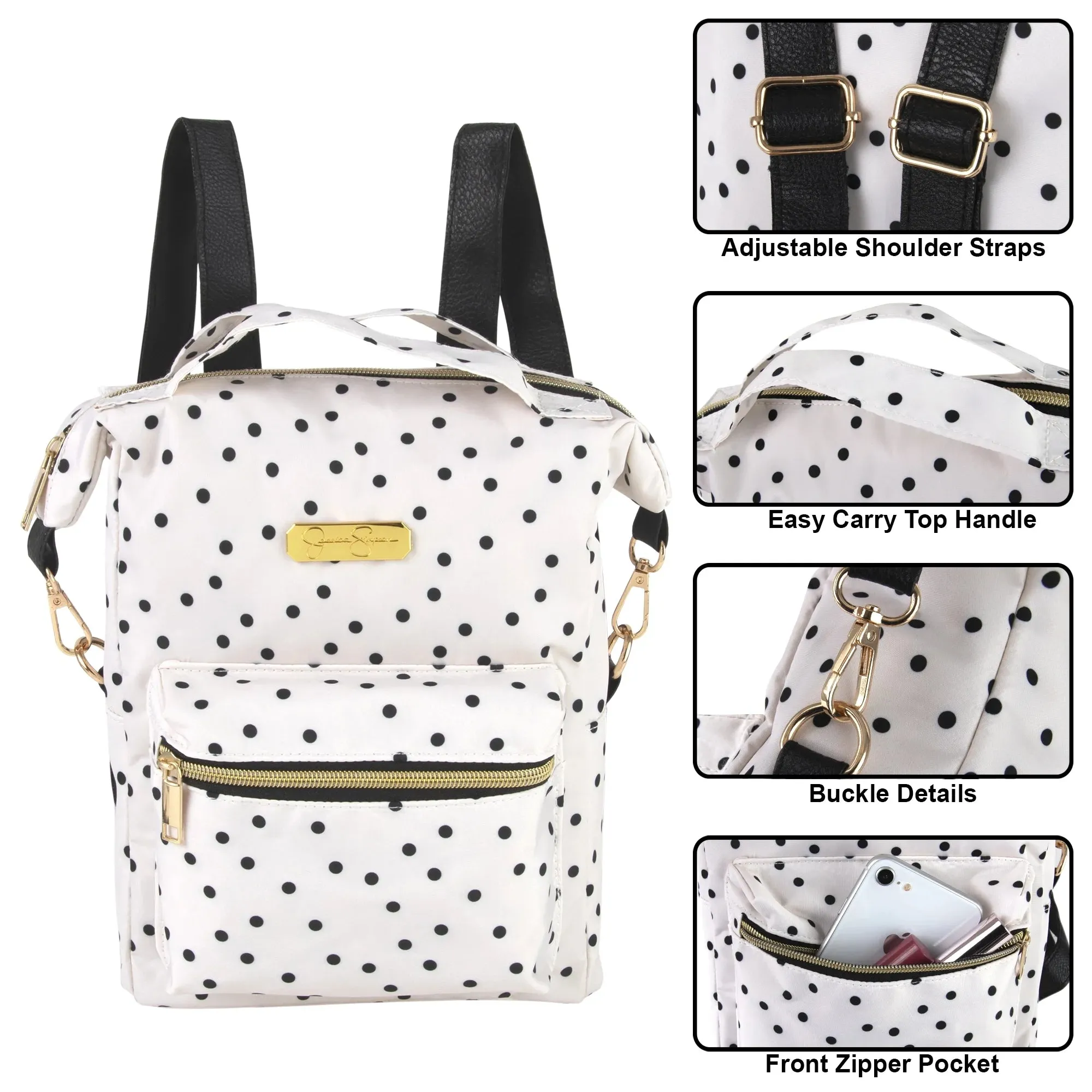 Mini Backpack Tote for Women, Teens and Girls for Work, School, Recreation, Commuting & Traveling in White Polka Dot