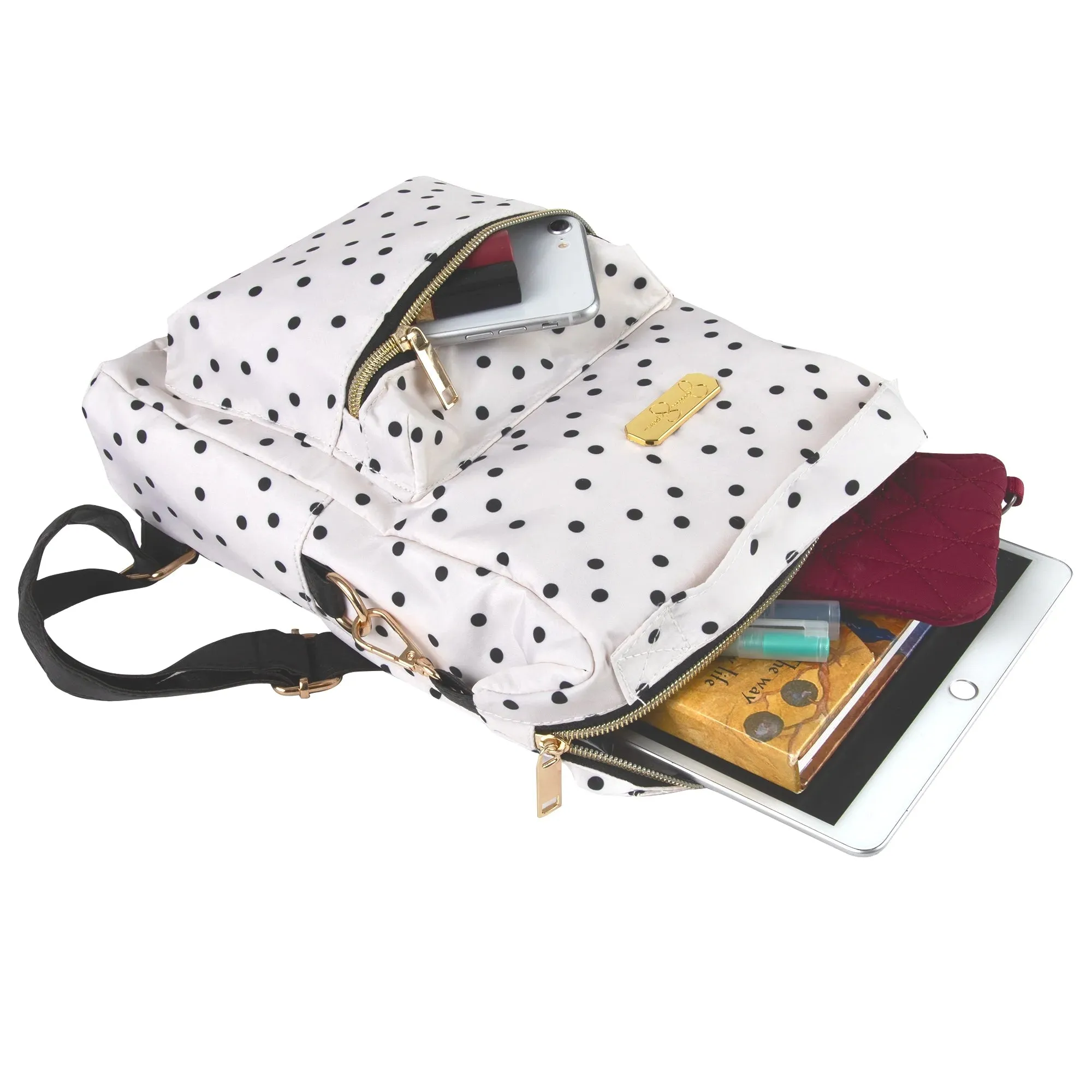 Mini Backpack Tote for Women, Teens and Girls for Work, School, Recreation, Commuting & Traveling in White Polka Dot