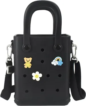Mini Rubber Beach Bag with Strap & Charms, Waterproof EVA Bitty Beach Bag for Girls, Small Rubber Tote Bag for Women (Dark Black)