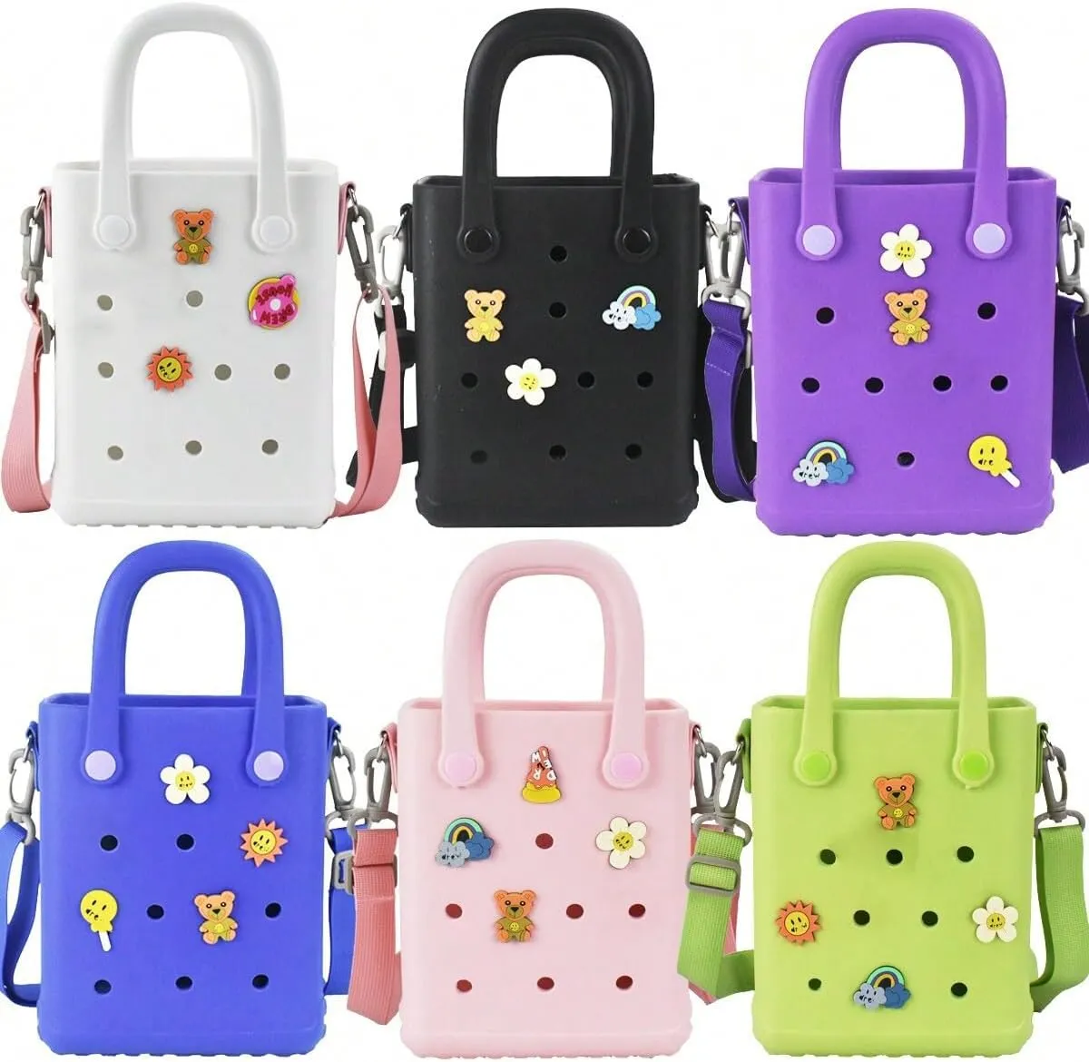 Mini Rubber Beach Bag with Strap & Charms, Waterproof EVA Bitty Beach Bag for Girls, Small Rubber Tote Bag for Women (Dark Black)