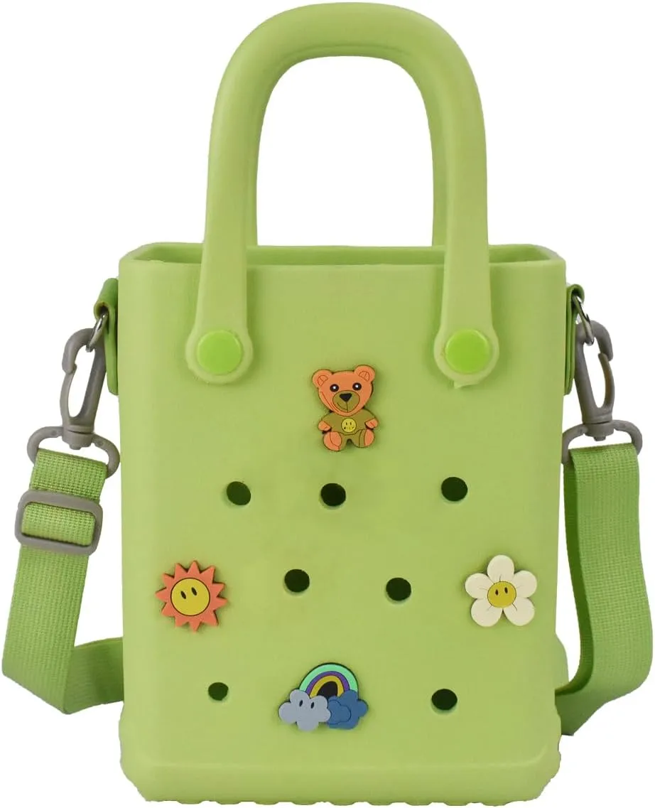 Mini Rubber Beach Bag with Strap & Charms, Waterproof EVA Bitty Beach Bag for Girls, Small Rubber Tote Bag for Women