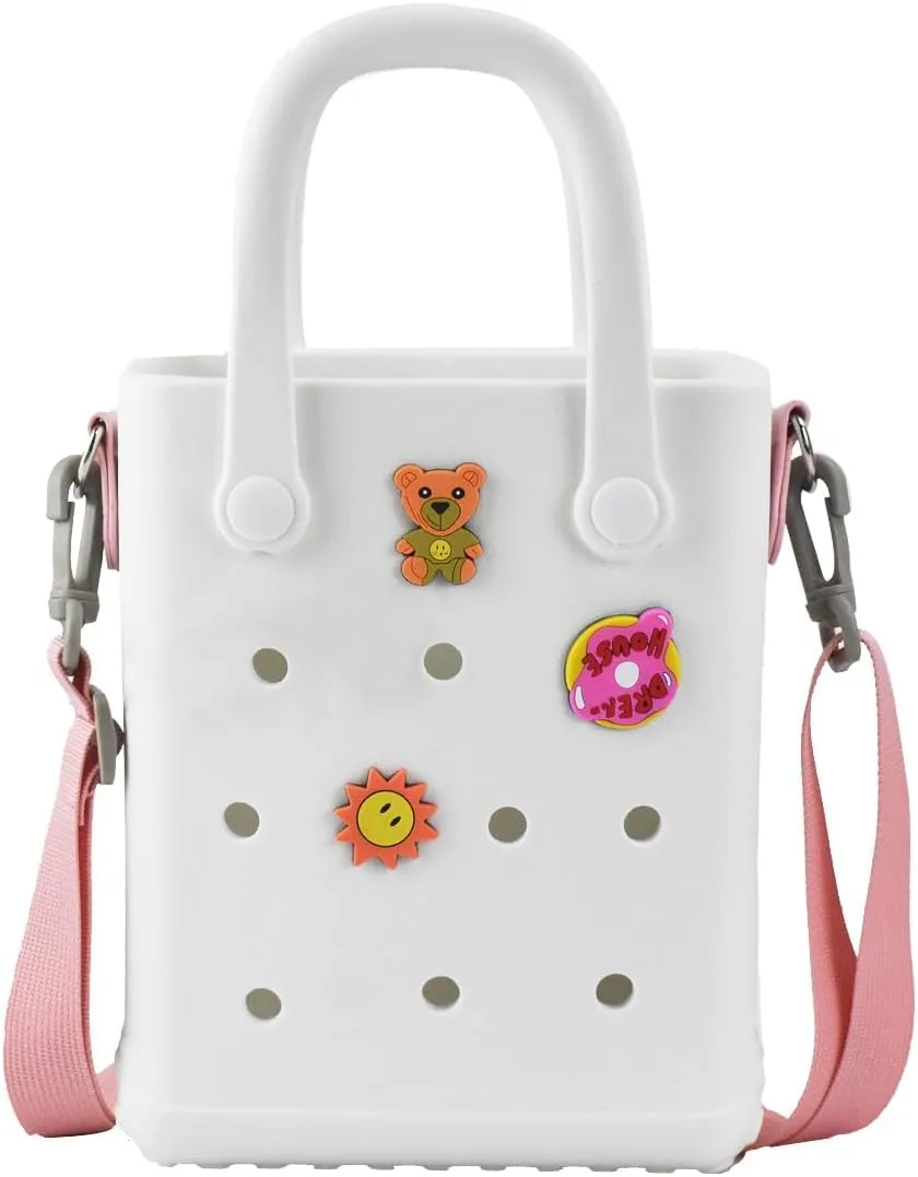 Mini Rubber Beach Bag with Strap & Charms, Waterproof EVA Bitty Beach Bag for Girls, Small Rubber Tote Bag for Women