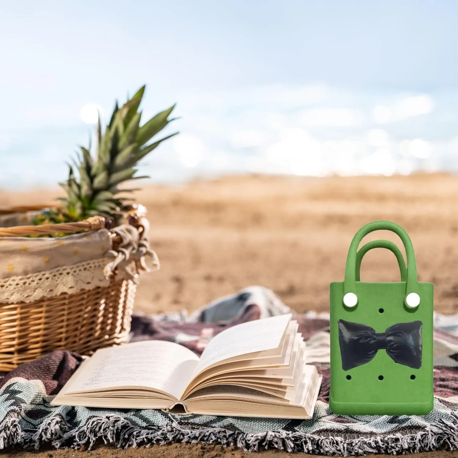 Mini Rubber tote bag, Rubber Beach Tote, Lightweight Washable Tote for Beach Pool Travel (Green Black)