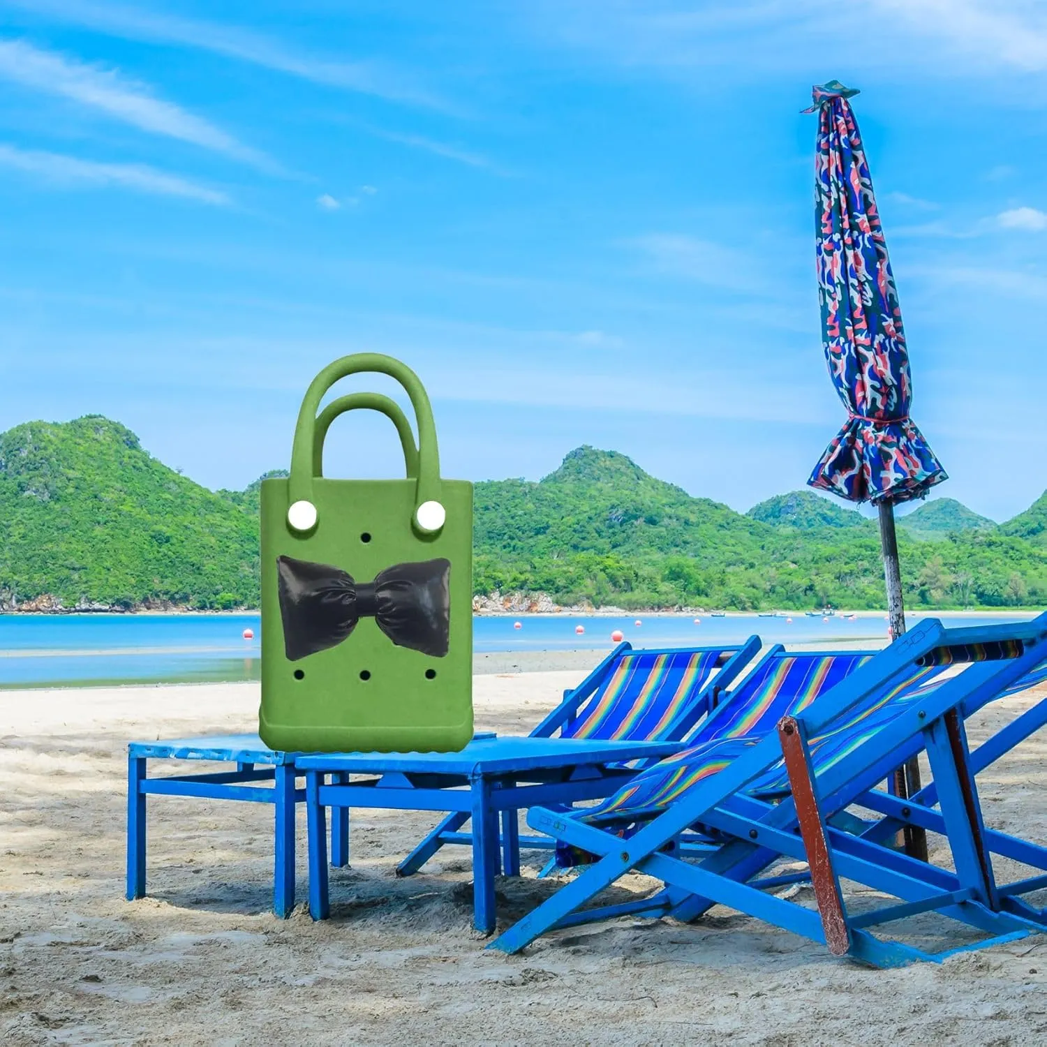 Mini Rubber tote bag, Rubber Beach Tote, Lightweight Washable Tote for Beach Pool Travel (Green Black)