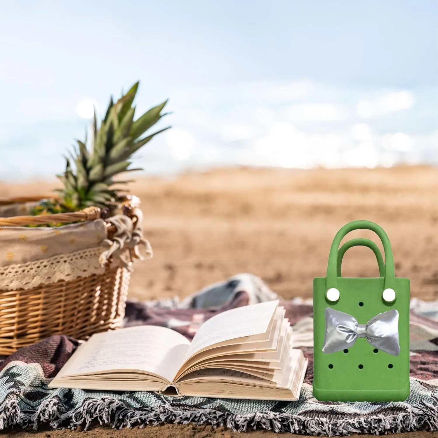 Mini Rubber tote bag, Rubber Beach Tote, Lightweight Washable Tote for Beach Pool Travel (Green Sliver)