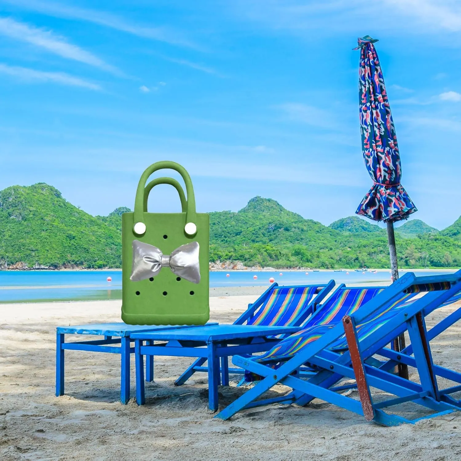 Mini Rubber tote bag, Rubber Beach Tote, Lightweight Washable Tote for Beach Pool Travel (Green Sliver)
