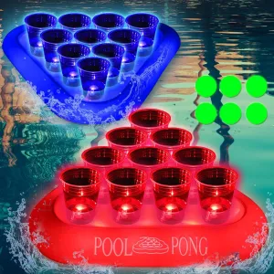 mishunyus Glow Pool Toss Game with 20 Cups - Floating Inflatable for Pool, Beach, Day & Night - 2 Float Racks (Red & Blue)