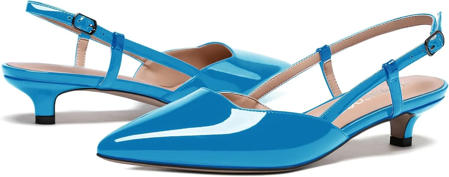 MODENCOCO Women's Patent Leather Ankle Strap Slingback Pointed Toe Kitten Low Heel Pumps Business Office Work Dress Shoes 1.5 Inch