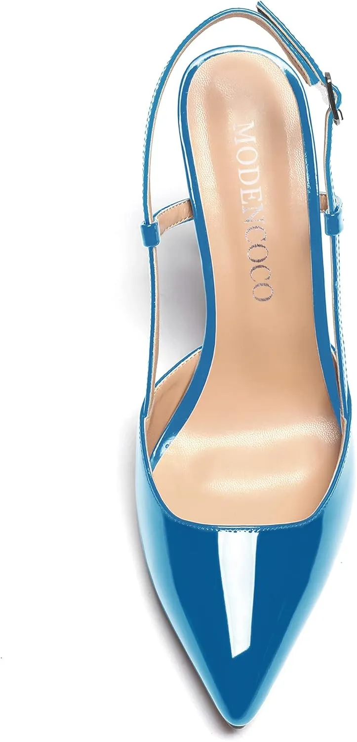MODENCOCO Women's Patent Leather Ankle Strap Slingback Pointed Toe Kitten Low Heel Pumps Business Office Work Dress Shoes 1.5 Inch