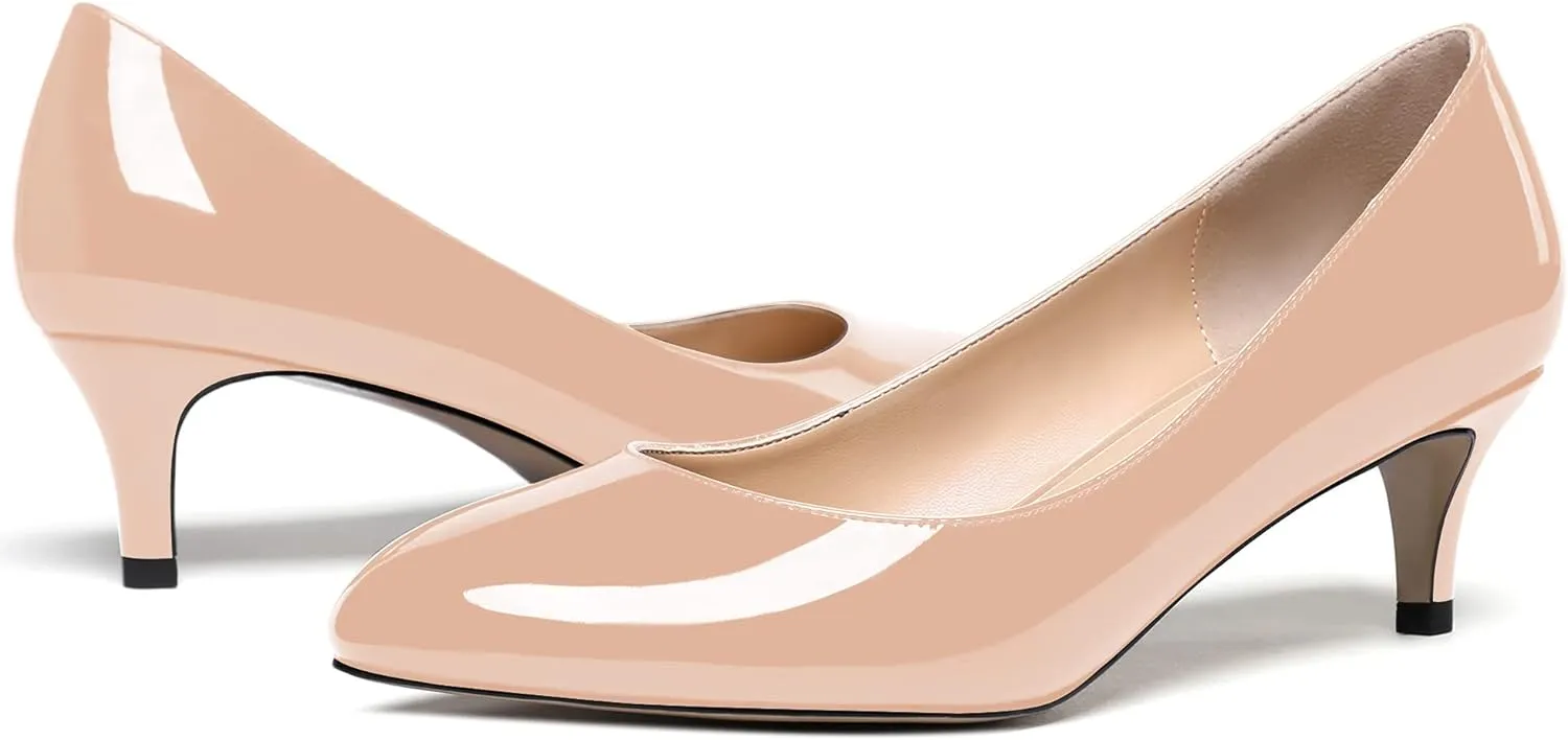 MODENCOCO Women's Round Toe Slip On Patent Leather Kitten Low Heel Pumps Shoes for Business Office Work 2 Inch