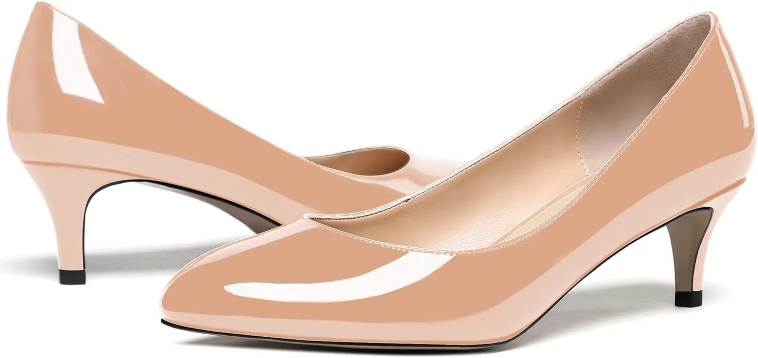 MODENCOCO Women's Round Toe Slip On Patent Leather Kitten Low Heel Pumps Shoes for Business Office Work 2 Inch