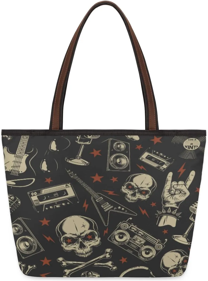 Modern Music Skull Tote Bag Tote Purse for Women with Zipper Womens Handbags for Work Travel
