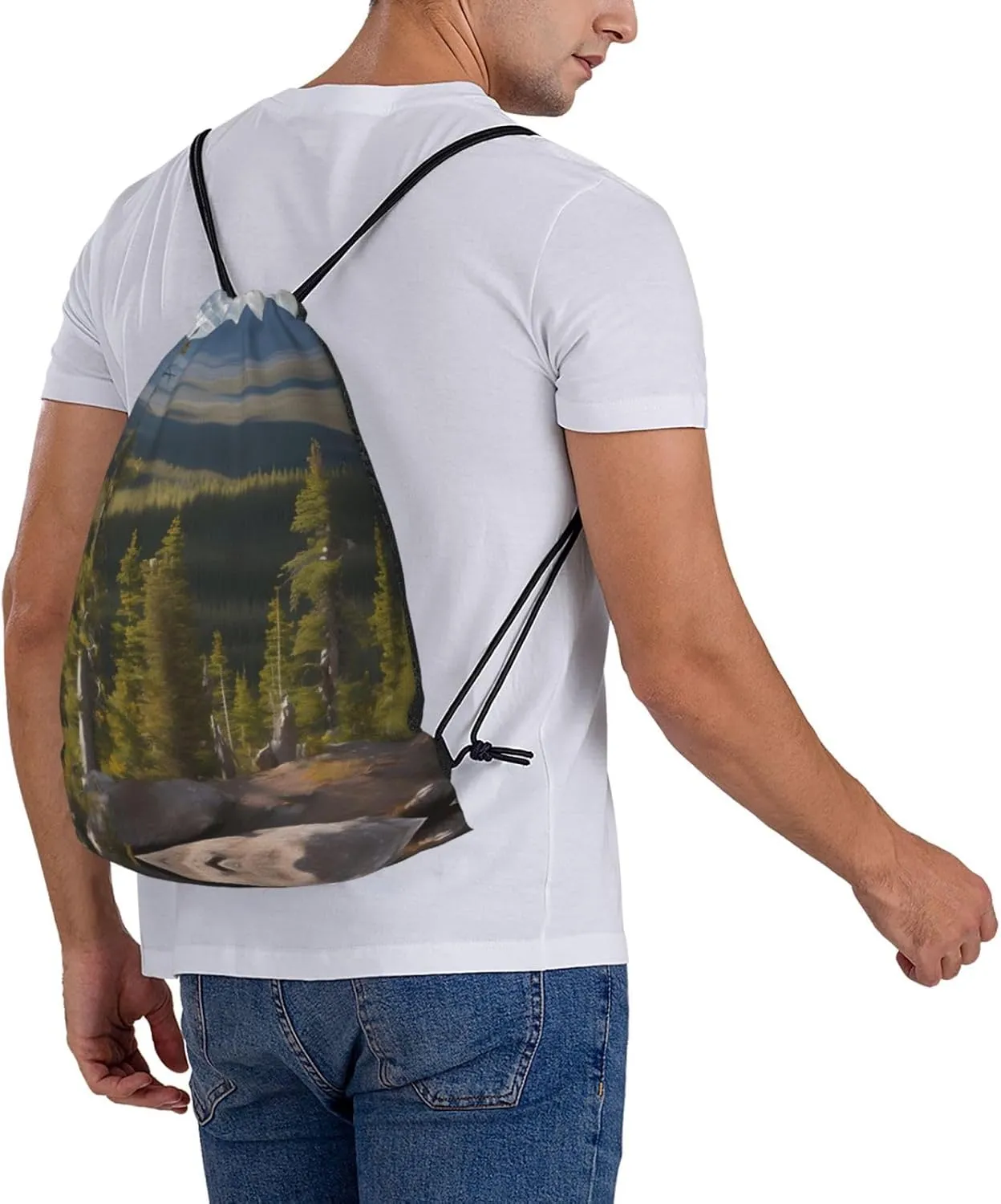 Moose Mountain Pine Tree Print Sports Drawstring Backpack,Water Resistant Bag, Gym Backpack for Women Men