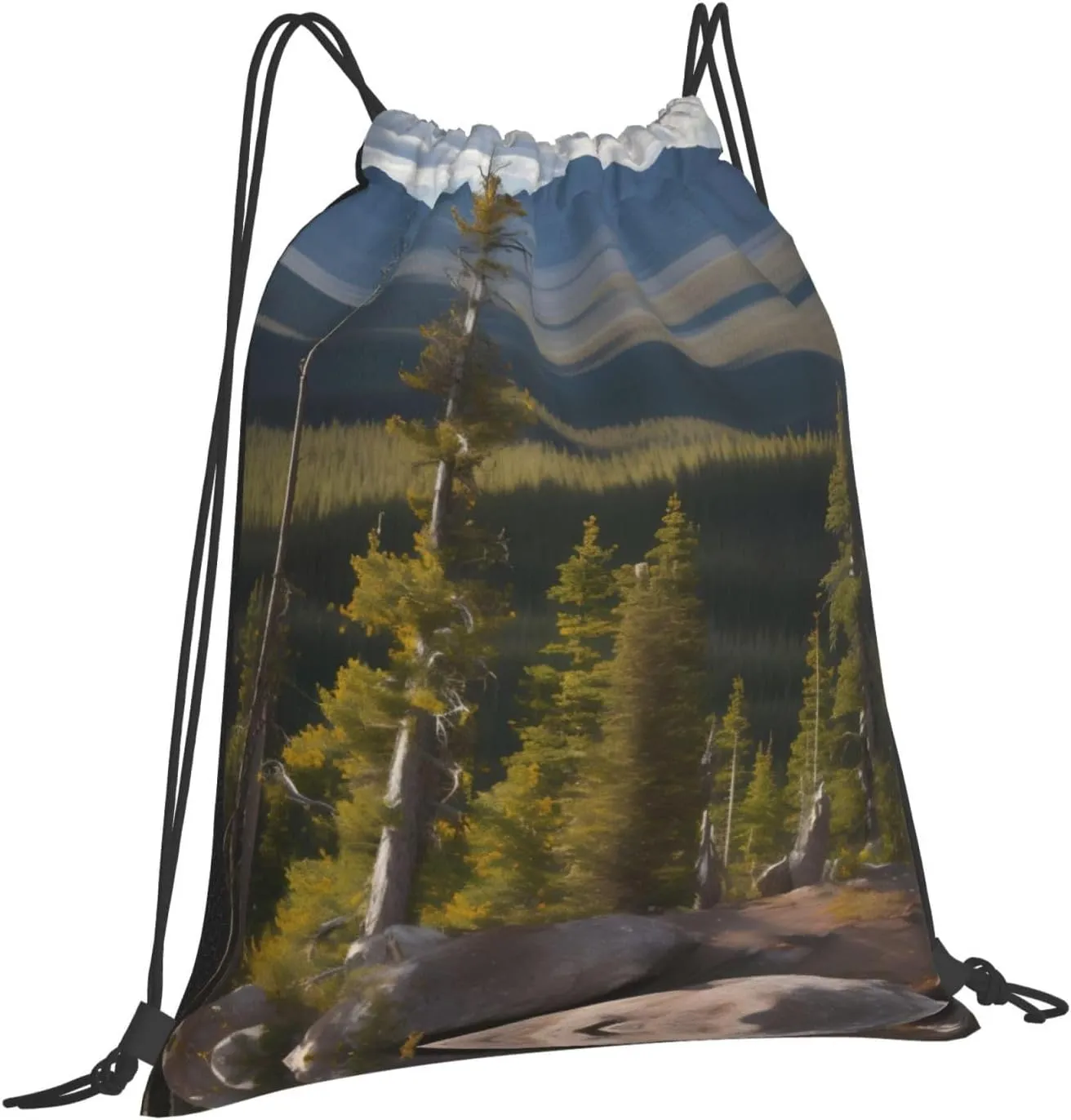 Moose Mountain Pine Tree Print Sports Drawstring Backpack,Water Resistant Bag, Gym Backpack for Women Men