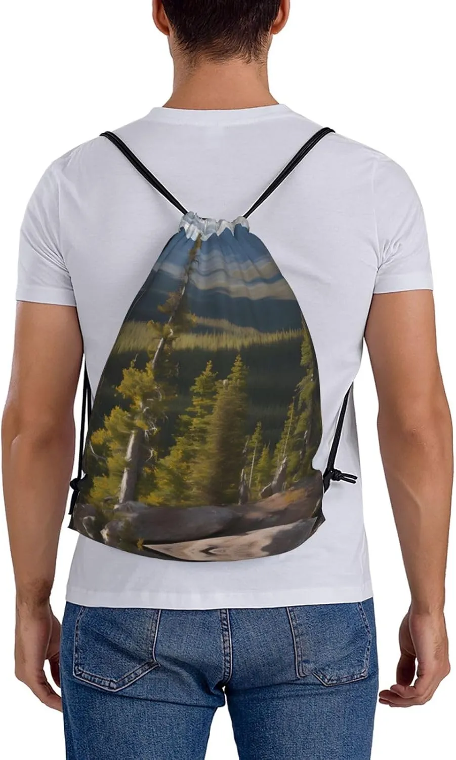 Moose Mountain Pine Tree Print Sports Drawstring Backpack,Water Resistant Bag, Gym Backpack for Women Men