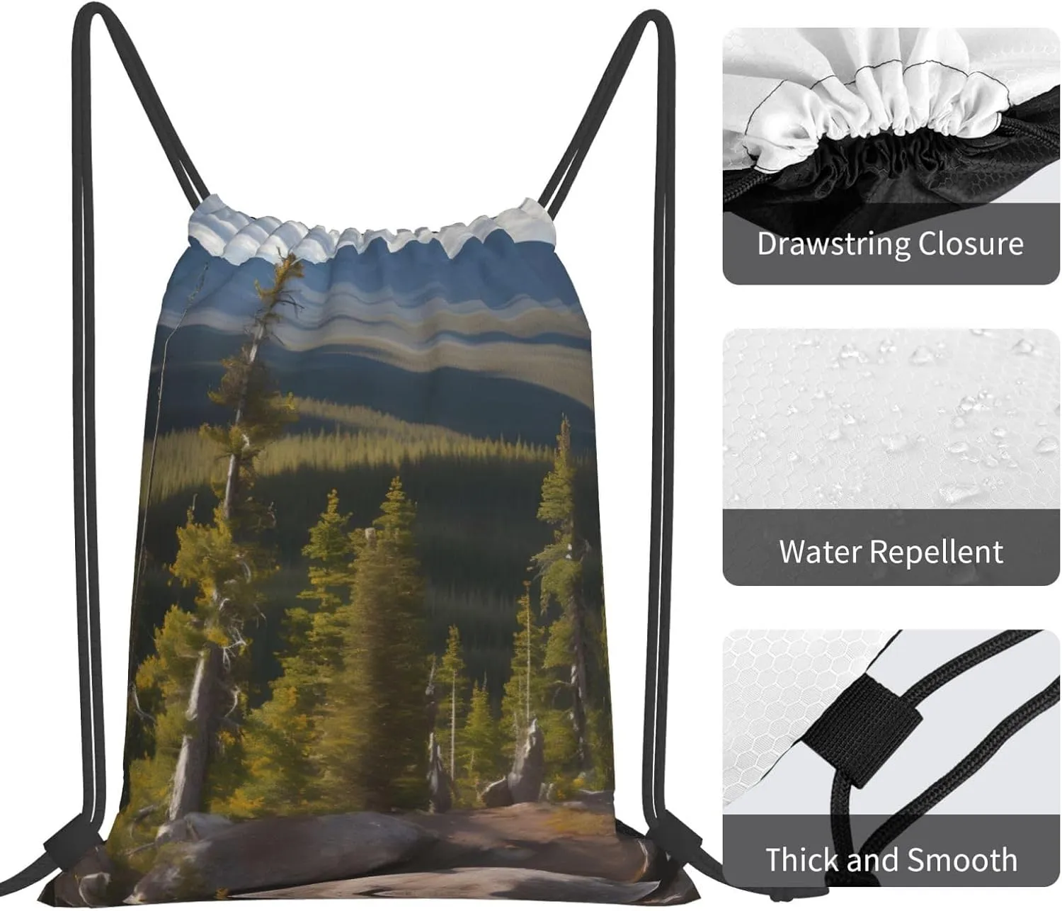 Moose Mountain Pine Tree Print Sports Drawstring Backpack,Water Resistant Bag, Gym Backpack for Women Men