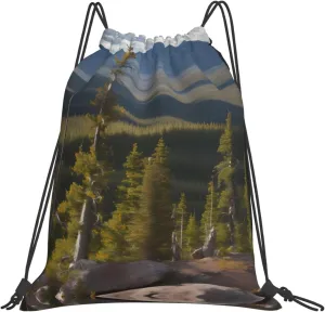 Moose Mountain Pine Tree Print Sports Drawstring Backpack,Water Resistant Bag, Gym Backpack for Women Men