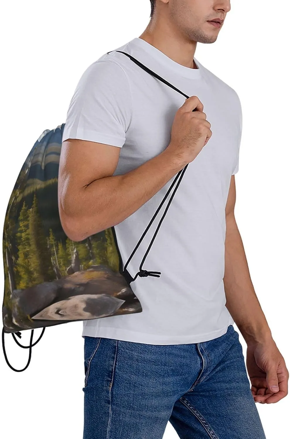 Moose Mountain Pine Tree Print Sports Drawstring Backpack,Water Resistant Bag, Gym Backpack for Women Men