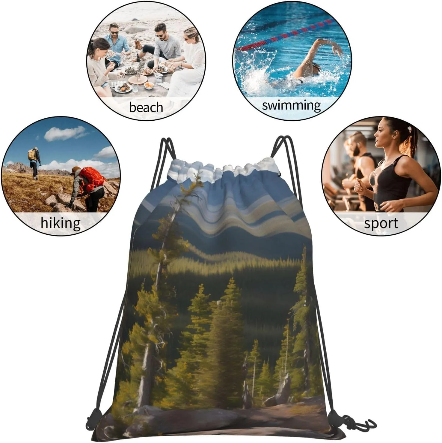 Moose Mountain Pine Tree Print Sports Drawstring Backpack,Water Resistant Bag, Gym Backpack for Women Men