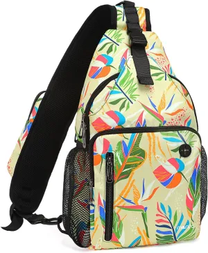 MOSISO Sling Backpack Bag, Crossbody Shoulder Bag Travel Hiking Daypack Colorful Art Plant Leaves Chest Bag with Front Square Pocket&USB Charging Port, Yellow