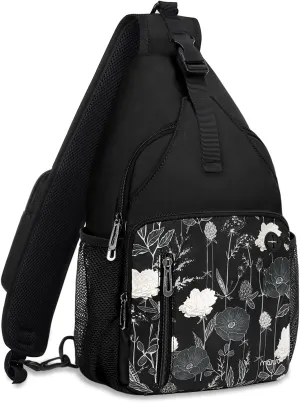 MOSISO Sling Backpack Bag, Retro Flower Crossbody Shoulder Bag Travel Hiking Daypack Chest Bag with Front Square Pocket&USB Charging Port, Black