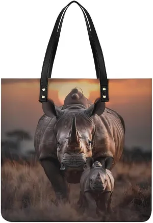 Mother Rhinoceros Rhino Animal Leather Tote Bag for Women Men Shoulder Bag Casual Handbag Work Bag 39x39cm