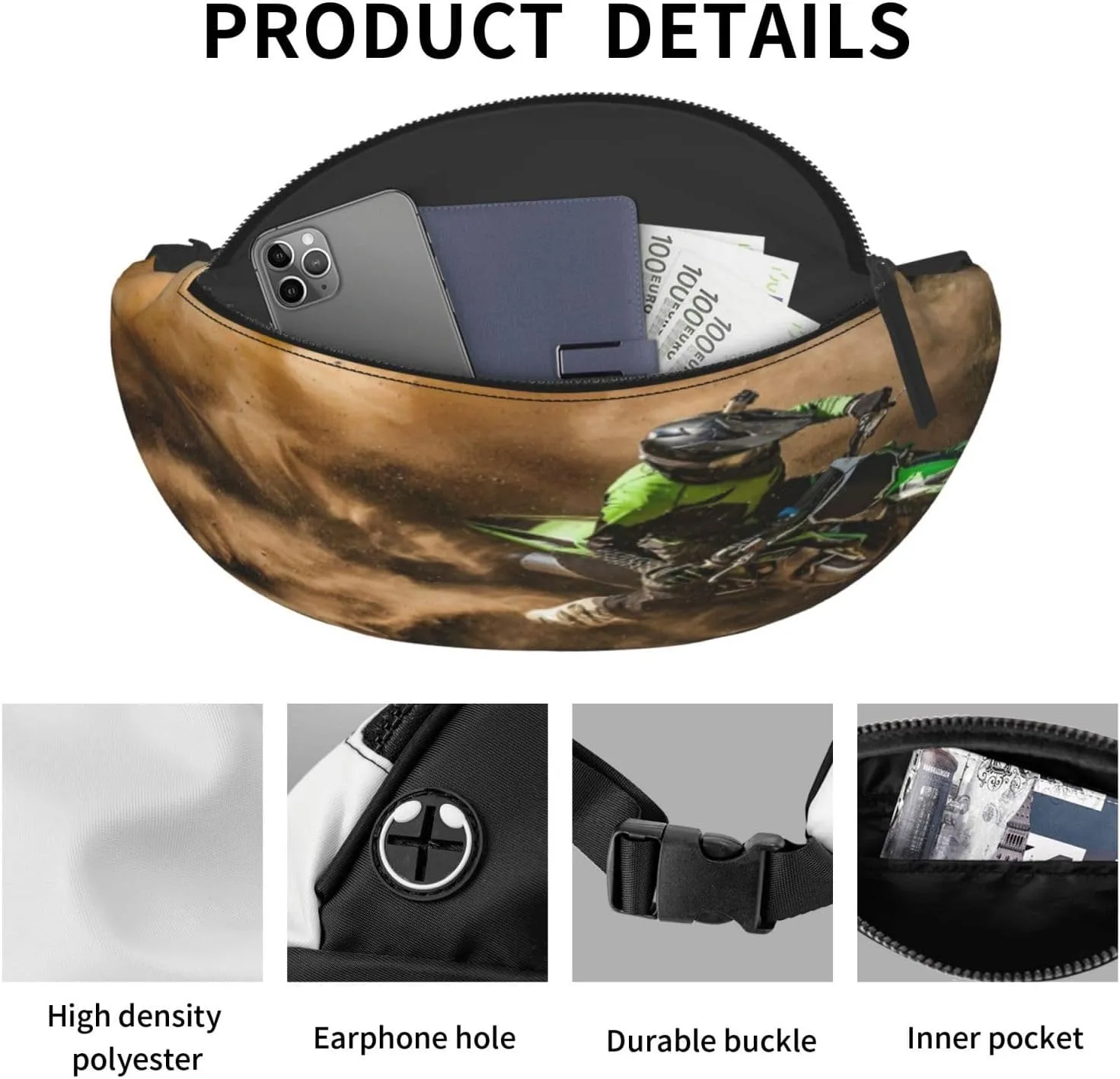 Motocross Dirt Bike Fanny Pack, Crossbody Waist Packs for Women Men Waist Bags with Adjustable Strap for Travel Running Hiking Sport