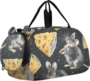 Mouse and Cheese Black Sports Duffle Bag for Teens Girls Boys, Gym Bag with Shoe Compartment, Kids Travel Overnight Weekender Shoulder Bag