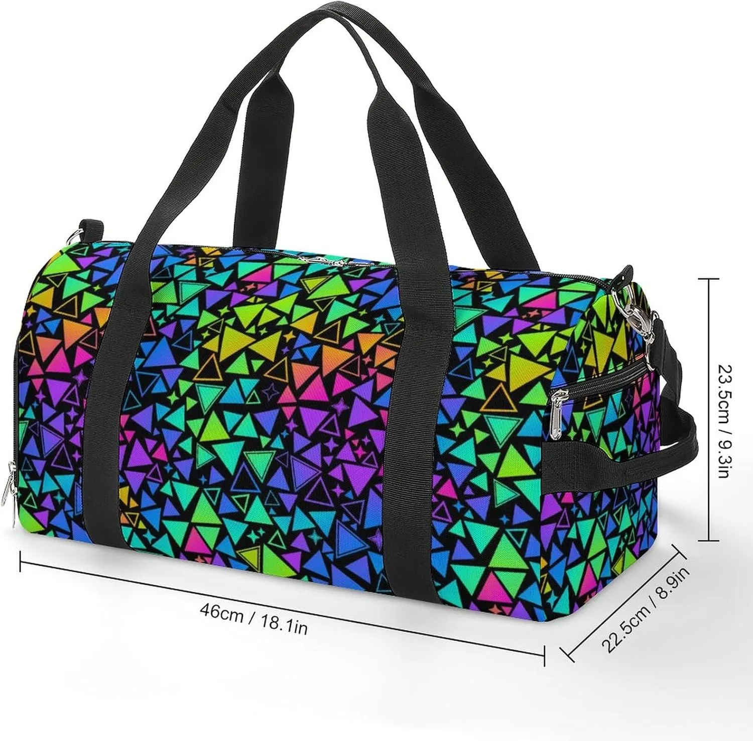 Multicolored Bright Triangles And Stars Sports Tote Gym Bag for Women Men, Overnight Bag with Shoe Compartment Water Resistant
