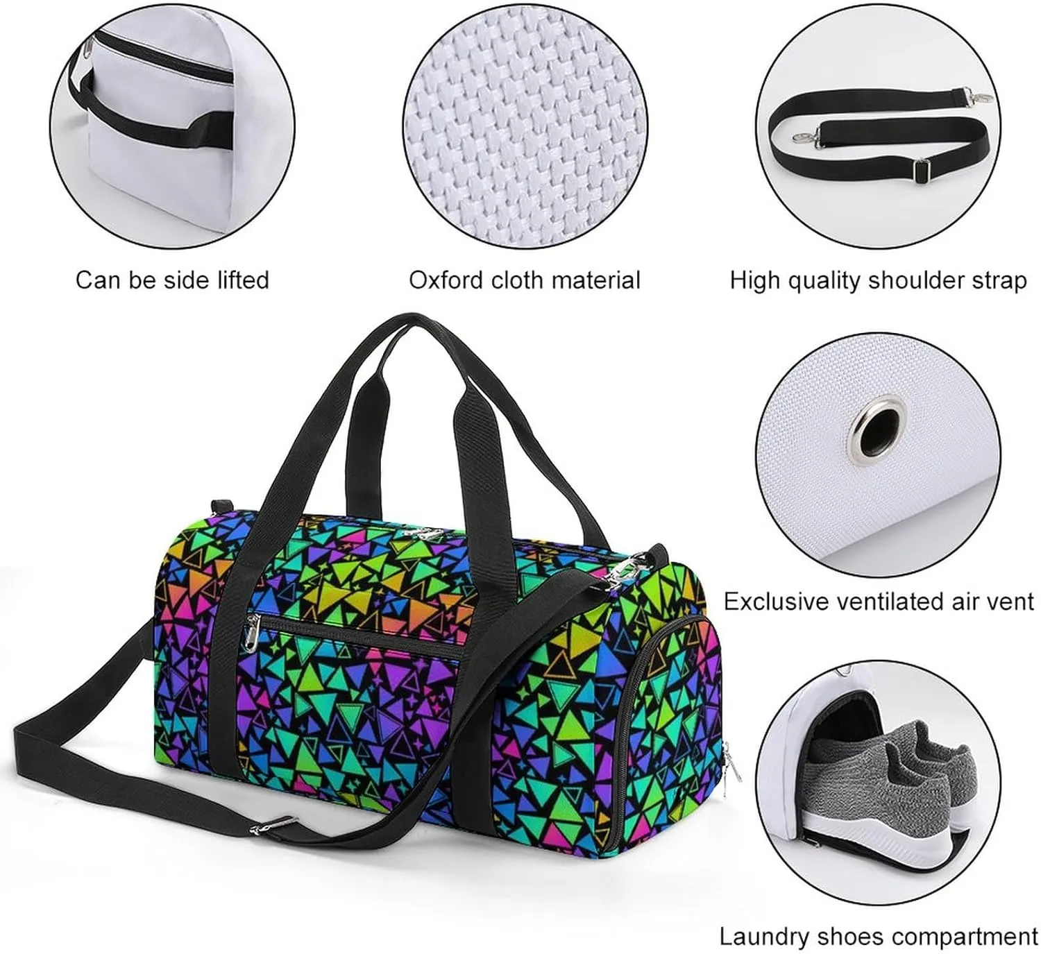 Multicolored Bright Triangles And Stars Sports Tote Gym Bag for Women Men, Overnight Bag with Shoe Compartment Water Resistant