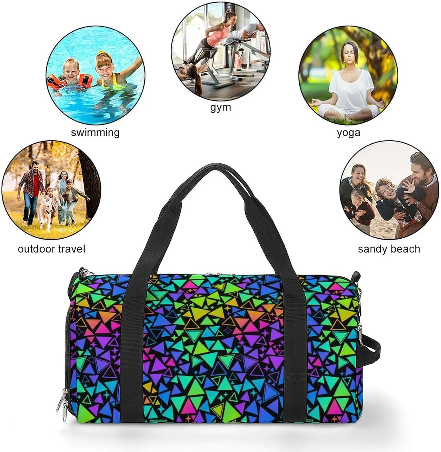 Multicolored Bright Triangles And Stars Sports Tote Gym Bag for Women Men, Overnight Bag with Shoe Compartment Water Resistant