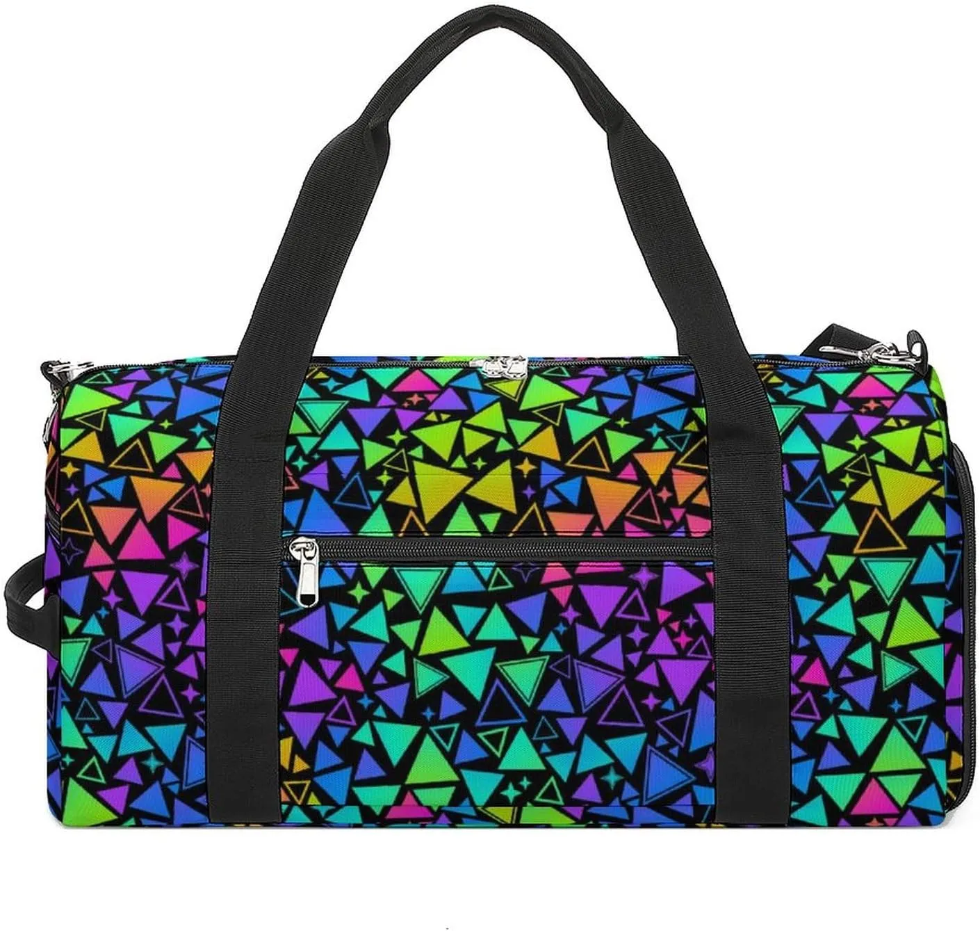 Multicolored Bright Triangles And Stars Sports Tote Gym Bag for Women Men, Overnight Bag with Shoe Compartment Water Resistant