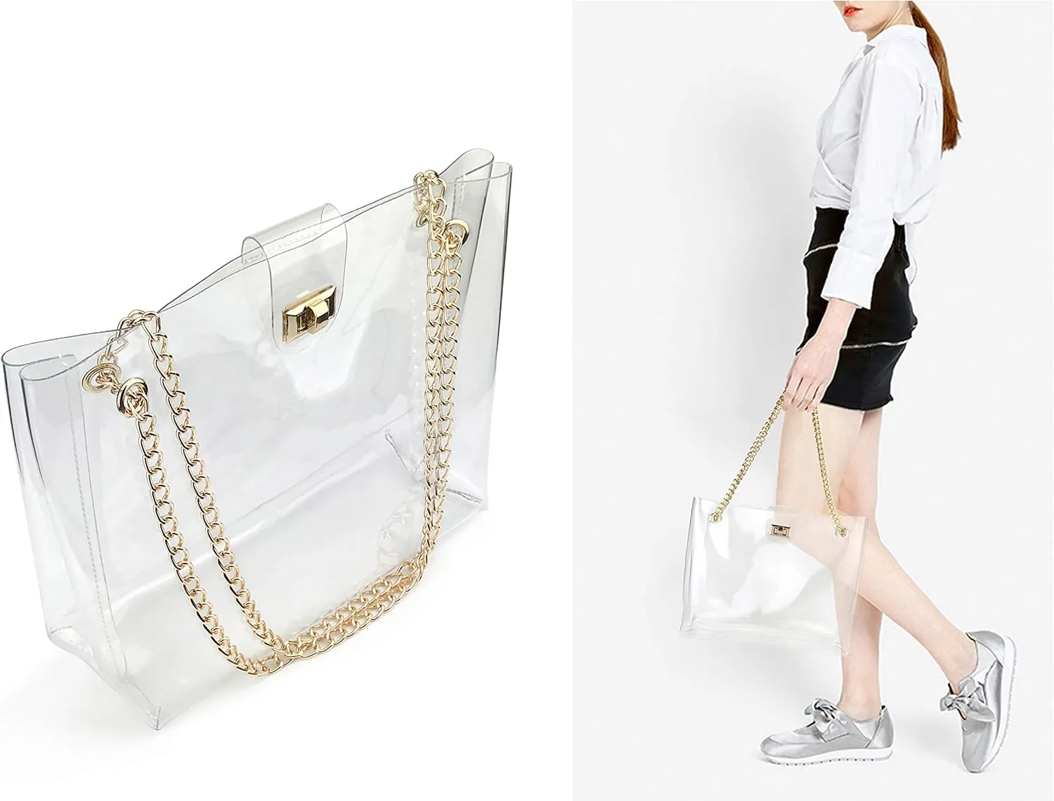 Multifunction Clear Chain Tote with Turn Lock Womens Shoulder Handbag (Clear)