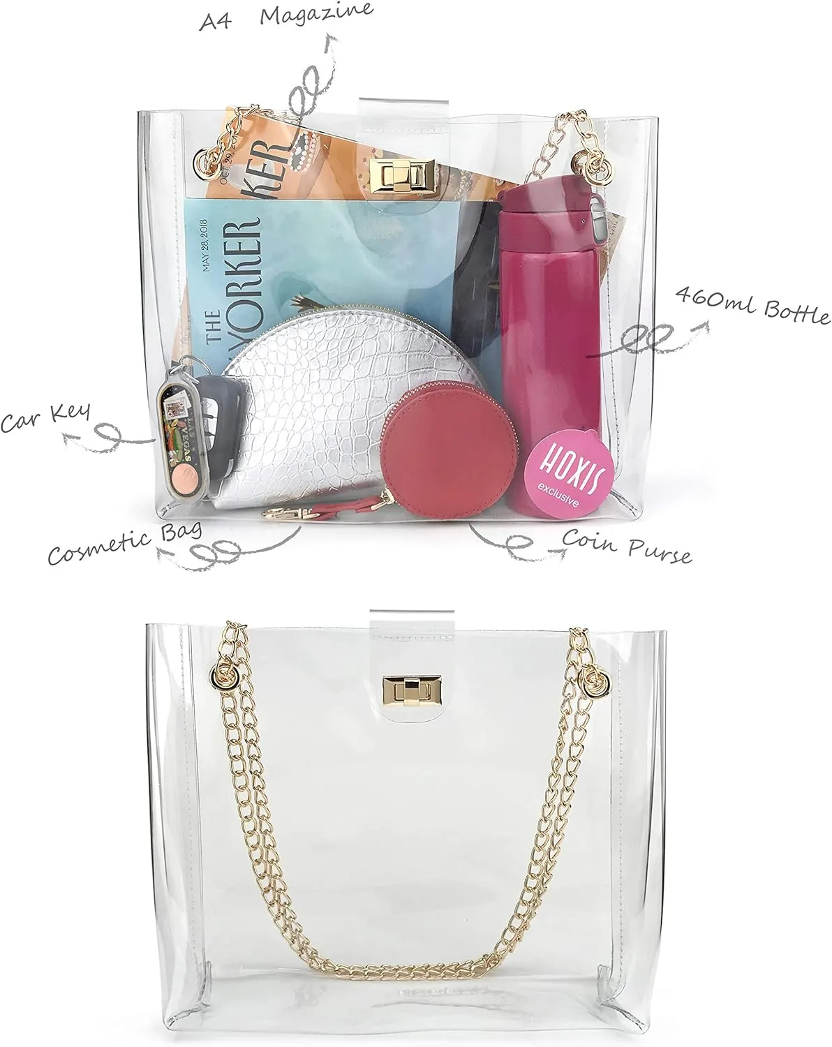 Multifunction Clear Chain Tote with Turn Lock Womens Shoulder Handbag (Clear)