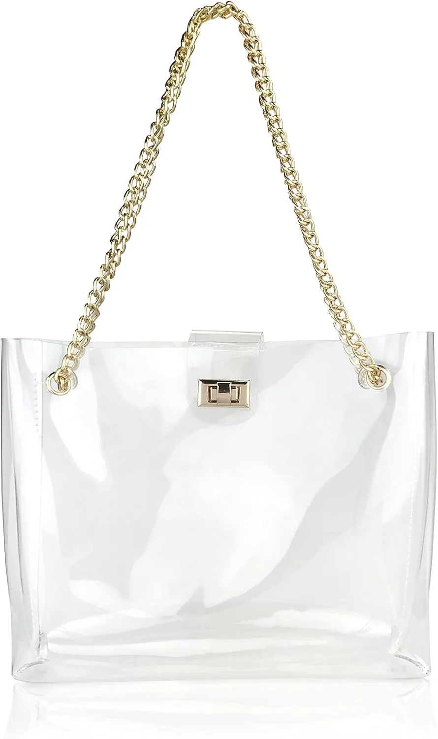 Multifunction Clear Chain Tote with Turn Lock Womens Shoulder Handbag (Clear)