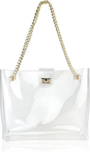 Multifunction Clear Chain Tote with Turn Lock Womens Shoulder Handbag (Clear)