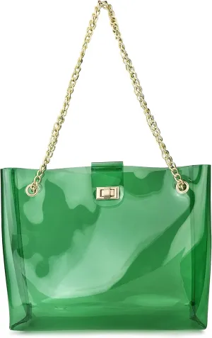 Multifunction Clear Chain Tote with Turn Lock Womens Shoulder Handbag (Clear)